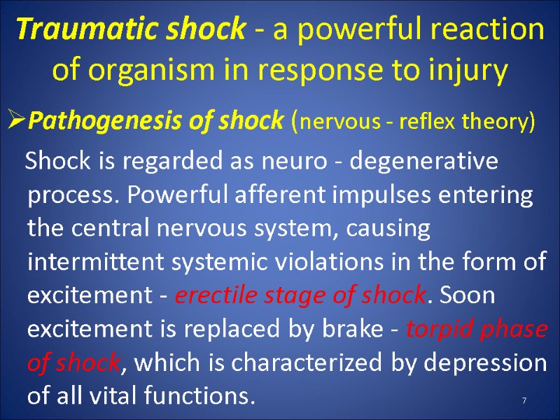 Traumatic shock - a powerful reaction of organism in response to injury Pathogenesis of